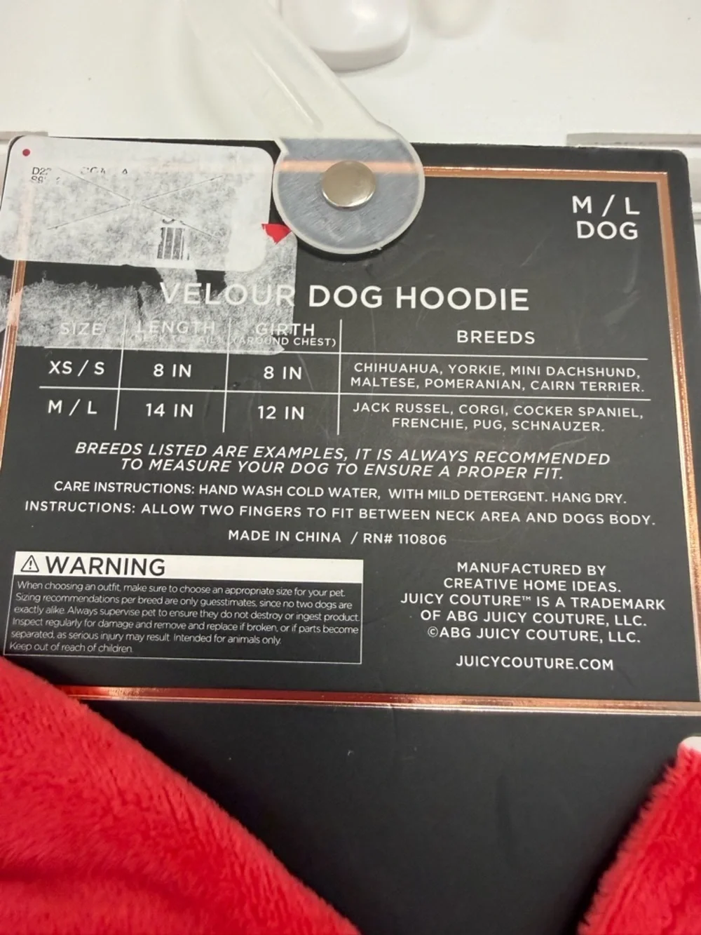 NWT Juicy Couture Bling Velour Dog Hoodie Shirt Medium / Large Red Velvet Sequin